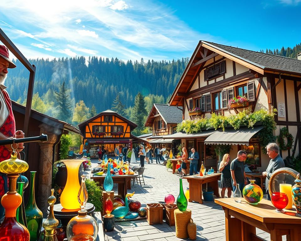A beautiful view of the Glasstraße in the Bayerischer Wald region, showcasing the intricate craftsmanship of glass art. In the foreground, display a vibrant glassblower shaping molten glass into stunning pieces, surrounded by colorful glass sculptures and tools. In the middle ground, highlight charming Bavarian-style workshops with wooden facades, bustling with artisans demonstrating their traditional crafts, such as glass engraving. The background should feature the serene, lush forests of the Bavarian countryside under a clear blue sky, with gentle sunlight illuminating the scene, enhancing the warm, inviting atmosphere. Use a slight upward angle to capture the artisans at work, evoking a sense of discovery and appreciation for local craftsmanship. The overall mood should be vibrant and engaging, emphasizing the rich tradition and beauty of the Glasstraße.