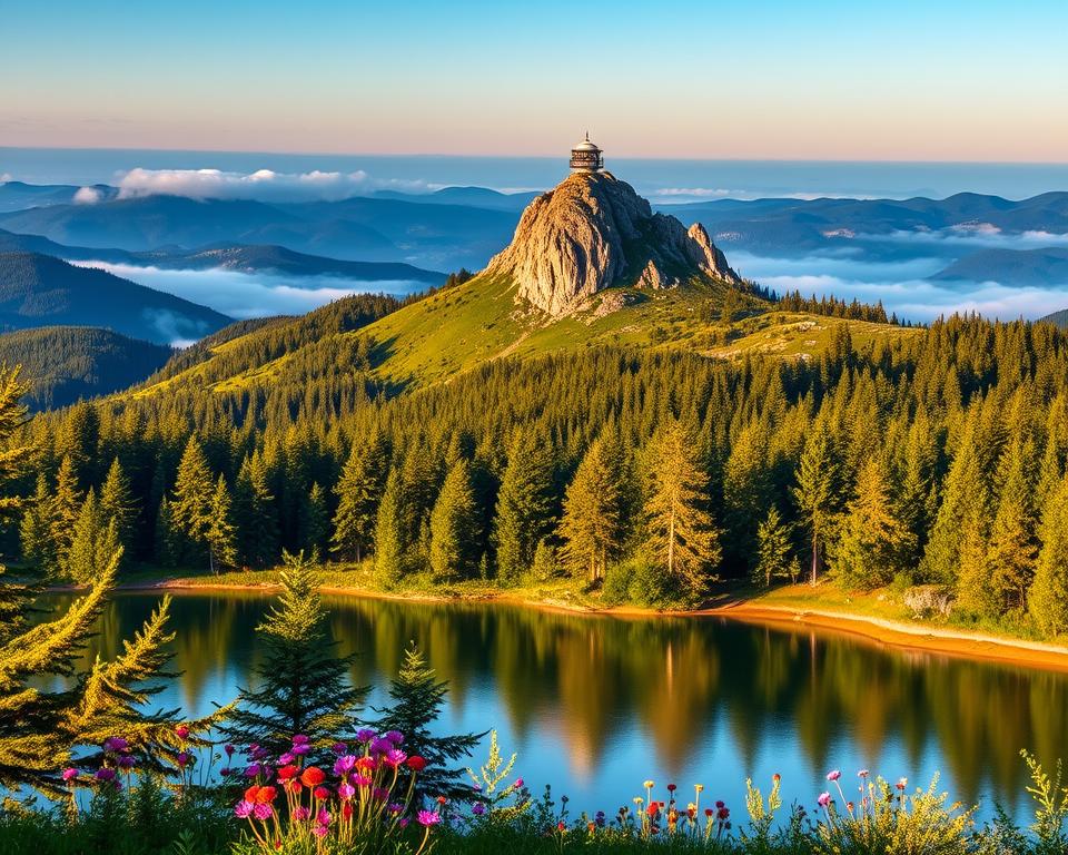 A breathtaking view of Großer Arber, the highest mountain in the Bavarian Forest, bathed in warm golden sunlight. In the foreground, a serene Arbersee reflects the surrounding lush green coniferous trees, with vibrant wildflowers blooming along the water's edge. The middle ground features the majestic summit of Großer Arber, topped with a rocky outcrop and a scenic observation tower, standing tall against the clear blue sky. In the background, rolling hills fade into soft layers of mist, enhancing the depth and tranquility of the scene. Capture this picturesque landscape from a slightly elevated angle, highlighting the natural beauty and vibrant colors of the region while conveying a peaceful atmosphere ideal for nature lovers.