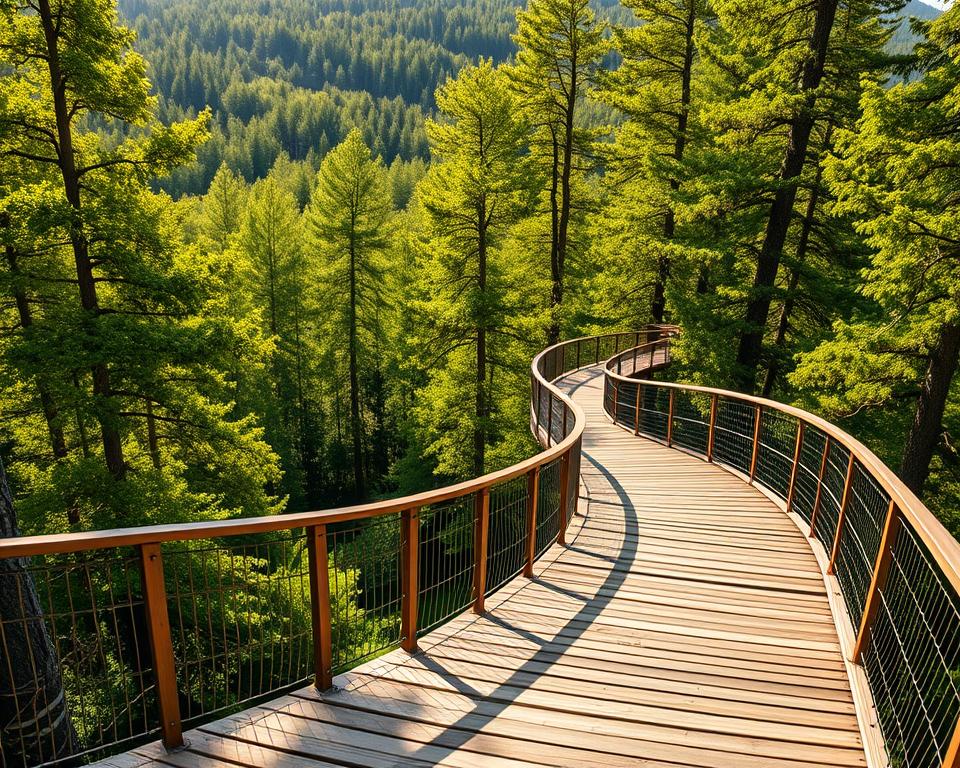 A breathtaking view of the Baumwipfelpfad in Bayerischer Wald, featuring a winding wooden walkway suspended high above the forest floor. In the foreground, focus on the intricately designed wooden path with gentle curves and railings, inviting visitors to explore. The middle ground showcases lush, vibrant trees with rich green foliage, creating a sense of depth and tranquility. In the background, the vast expanse of the Bavarian forest stretches into the distance, bathed in soft, warm sunlight filtering through the leaves, casting dappled shadows on the pathway. The scene captures a serene and inviting atmosphere, perfect for nature enthusiasts. Shot from a slightly elevated angle to emphasize the height of the walkway against the trees, with a wide lens to encapsulate the grandeur of the landscape.
