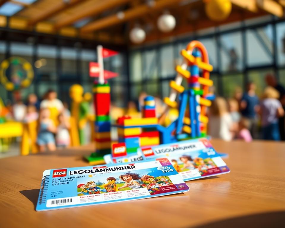 A brightly colored scene showcasing a variety of LEGOLAND München tickets, arranged attractively on a wooden table. In the foreground, focus on a couple of tickets featuring classic LEGO characters and vibrant attractions, designed to capture the essence of family fun. In the middle ground, include a playful LEGO brick model of a roller coaster to emphasize the amusement park theme. The background should be softly blurred, suggesting a cheerful and bustling park atmosphere with hints of LEGO sculptures and families enjoying the park. Use warm, natural lighting to create an inviting mood, and a slightly angled perspective to give depth to the image, evoking excitement and joy associated with visiting the theme park.