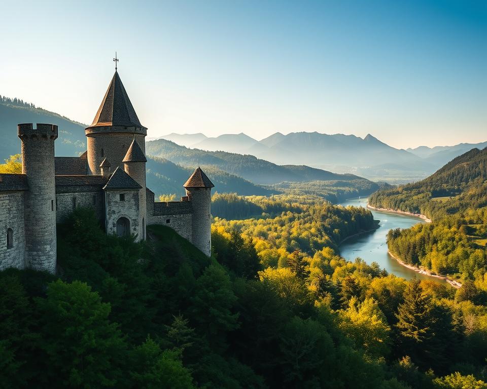 A captivating view of Burgen Bayerischer Wald, showcasing ancient stone castles set amidst lush green forests. In the foreground, intricate details of castle architecture, with towers and battlements partially shrouded in mist, evoke a sense of history. The middle ground features rolling hills dotted with dense trees, while a serene river winds through the landscape, reflecting the vibrant greenery. In the background, majestic mountains rise under a bright blue sky, illuminated by soft, golden sunlight, creating a warm and inviting atmosphere. The scene conveys a peaceful yet grand mood, ideal for highlighting the rich cultural heritage amidst nature's embrace. The image should be captured from a slightly elevated angle to encompass the full majesty of the castles and surrounding landscape.