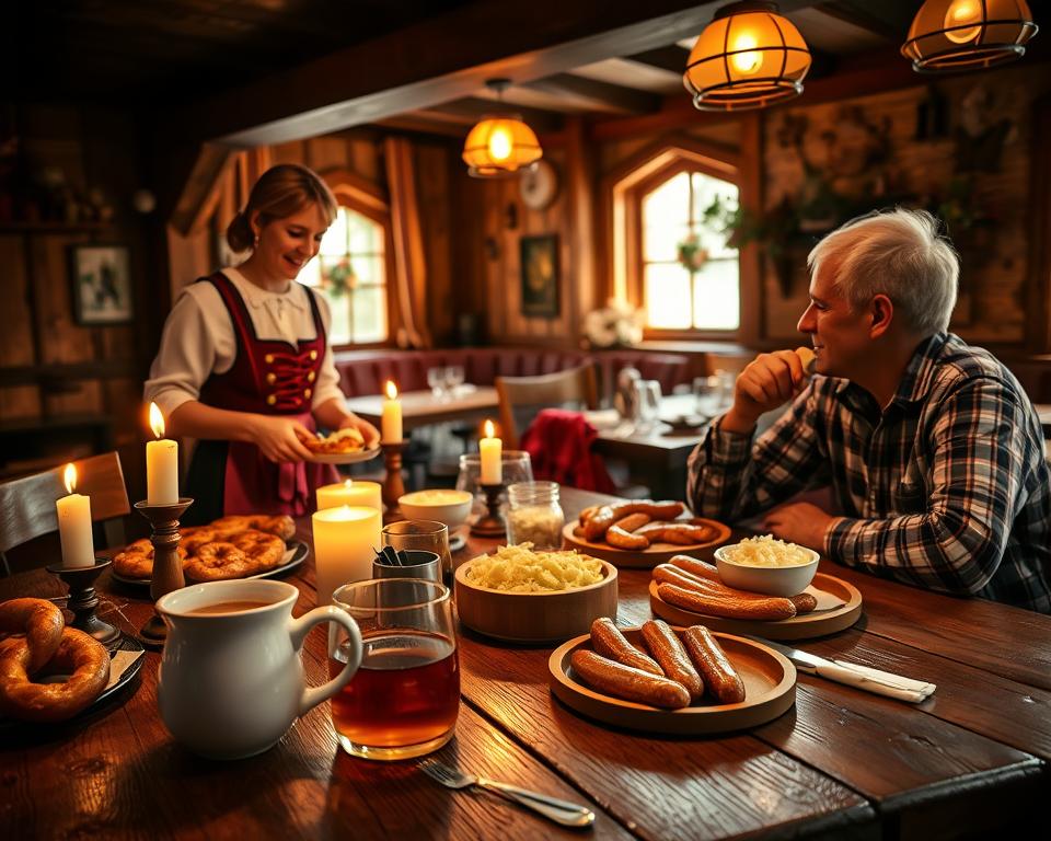 A cozy Bavarian tavern scene in the heart of the Bayerischer Wald, featuring a rustic wooden table laden with traditional dishes such as pretzels, sausages, and sauerkraut. In the foreground, showcase a warm, inviting atmosphere with flickering candlelight casting soft shadows, and a steaming cup of herbal tea. The middle ground captures a cheerful server in a traditional dirndl serving food, with an attentive, casually dressed couple enjoying their meal in a genuine, heartwarming interaction. The background reveals charming wooden beams and hand-carved decorations, illuminated by golden, warm light filtering through window panes, enhancing the feeling of comfort and authenticity. The overall mood is festive and welcoming, encapsulating the essence of experiencing regional Bavarian cuisine.