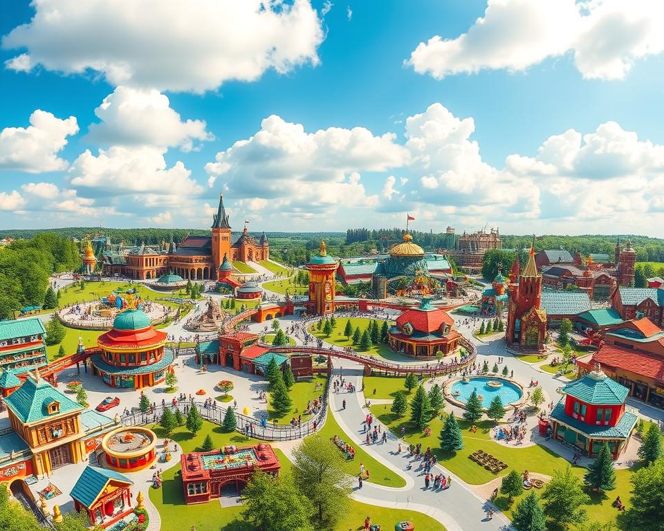A detailed and colorful park map of LEGOLAND München, showcasing various themed areas such as Miniland, Adventure Land, and the LEGO Factory. In the foreground, include intricate designs of LEGO models and attractions, displaying vibrant colors and playful characters. The middle ground features pathways connecting different sections of the park, lined with families enjoying their day. The background captures a bright blue sky with fluffy white clouds, emphasizing a sunny atmosphere. Use soft, natural lighting to create a cheerful mood, as if it’s mid-morning. The angle should be slightly elevated for a comprehensive view, making the park plan intuitive and inviting for readers looking to maximize their visit.