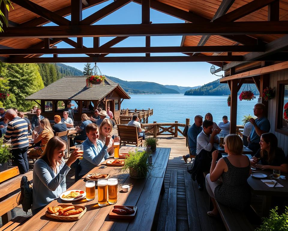 A picturesque Biergarten by a serene lake in Bavaria, showcasing wooden tables filled with visitors enjoying traditional Bavarian cuisine such as pretzels and sausages. In the foreground, cheerful groups of people dressed in modest casual clothing raise glasses of beer, surrounded by lush greenery. The middle ground features the Biergarten structures with rustic wooden benches, decorated with colorful flower arrangements. The background reveals the crystal-clear lake reflecting the blue sky and gentle hillsides dotted with trees. Soft afternoon sunlight bathes the scene, creating a warm, inviting atmosphere. The image is captured from a slightly elevated angle, emphasizing the beauty of the setting and the lively social ambiance.