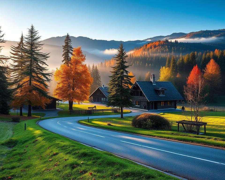 A picturesque landscape of the Bavarian Forest (Bayerischer Wald) during the early morning. In the foreground, winding country roads lead into the lush greenery, flanked by tall pine trees displaying vibrant autumn colors. The middle of the scene features quaint wooden cottages with thatched roofs, indicating traditional Bavarian architecture. The background showcases majestic rolling hills, partially shrouded in mist, with sun rays breaking through, casting a warm golden glow over the landscape. A clear blue sky complements the serene atmosphere. Focus on capturing the tranquility of nature, while ensuring a wide-angle view that encompasses both the details of the road and the expansive forest backdrop. The overall mood should evoke a sense of adventure and anticipation for travelers ready to explore this beautiful region.