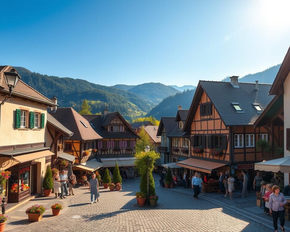 A picturesque view of the charming towns and markets in the Bavarian Forest, capturing their unique architecture and vibrant atmosphere. In the foreground, a quaint cobblestone street bustling with friendly locals and visitors, featuring cozy cafes and artisan shops with colorful flower boxes. In the middle ground, traditional buildings with wooden facades and steep roofs, adorned with colorful shutters, surrounded by lush greenery and seasonal blooms. In the background, the majestic, rolling hills of the Bavarian Forest provide a stunning backdrop under a clear blue sky with soft, warm sunlight illuminating the scene. The composition should evoke a warm, inviting mood that celebrates the beauty and culture of this enchanting region, shot from a slightly elevated angle to capture the depth and charm of the setting.