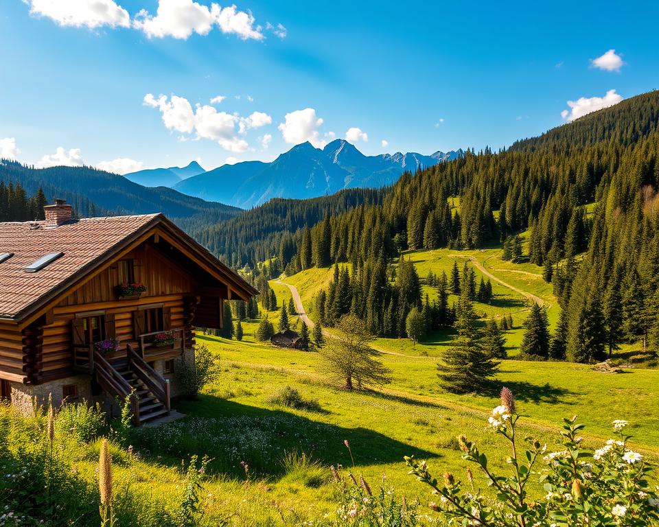 A scenic representation of the Bavarian Forest, capturing its top attractions in a picturesque landscape. In the foreground, include a charming wooden cabin with a thatched roof and colorful flower boxes, surrounded by lush, green meadows sprinkled with wildflowers. The middle ground features dense coniferous forests, majestic mountains looming in the distance, and winding trails inviting exploration. In the background, show glimpses of towering peaks under a clear blue sky, with soft, fluffy clouds drifting by. The lighting should be warm, reminiscent of late afternoon sunshine, casting gentle shadows to emphasize the contours of the landscape. The mood should evoke a sense of adventure and tranquility, inviting viewers to immerse themselves in the beauty of the Bavarian wilderness.