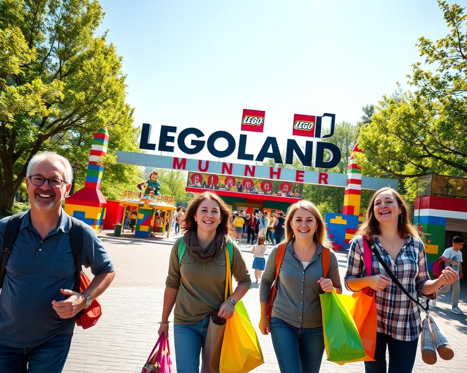 A scenic view capturing the journey to LEGOLAND München, featuring a family of four in modest casual clothing, excitedly approaching the park entrance. In the foreground, the family smiles and carries colorful LEGO bags. The middle ground showcases vibrant LEGO-themed structures, with children playing and attractions visible. The background features lush, green trees against a clear blue sky, with sunshine filtering through, creating a warm and inviting atmosphere. The image should convey a sense of adventure and joy, perfect for a family outing. The angle should be slightly elevated, allowing for a dynamic view of the entrance and surrounding area, with natural lighting emphasizing the cheerful and welcoming vibe.