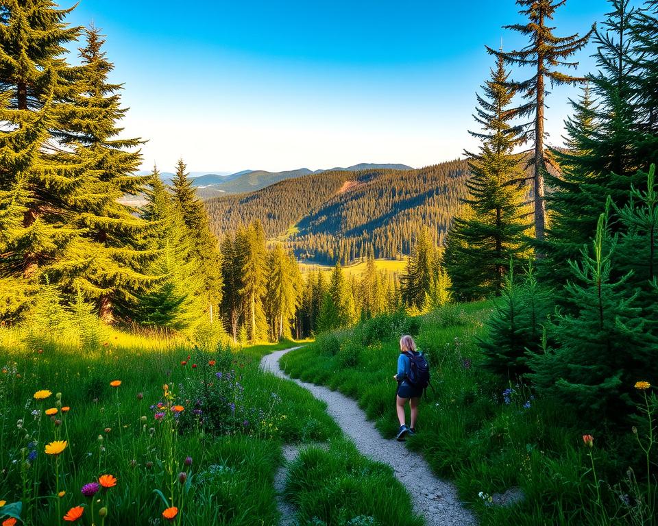A scenic view of a lush trail in the Bavarian Forest, with vibrant greenery on either side, showcasing tall coniferous trees and colorful wildflowers in the foreground. In the middle ground, a winding path leads the viewer's eye into the forest, inviting exploration. The background features softly rolling hills under a clear blue sky, illuminated by warm, golden sunlight filtering through the leaves. A few hikers in modest casual clothing can be seen enjoying the trail, embodying a sense of adventure and tranquility. The atmosphere is serene and invigorating, perfect for capturing the essence of hiking in this beautiful natural setting. The image should have a slight depth of field effect to emphasize the lushness of the foreground while keeping the background slightly blurred.