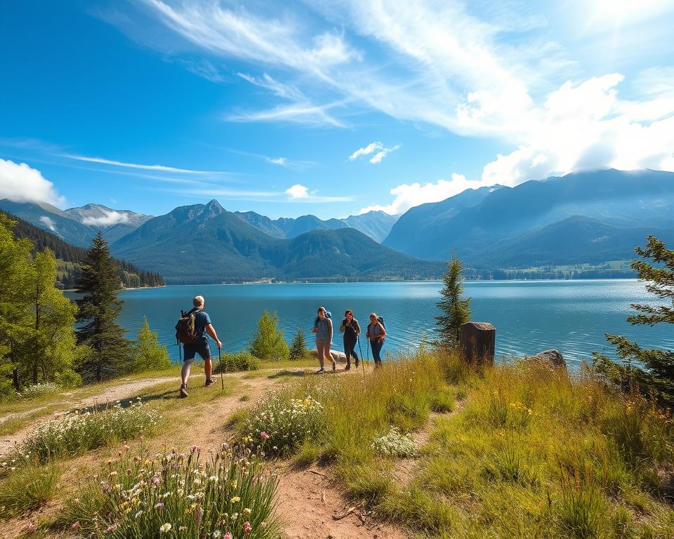 A scenic view of a tranquil lake in Bavaria surrounded by lush greenery and majestic mountains. In the foreground, a well-marked hiking trail invites adventure seekers, flanked by wildflowers and soft grasses. Middle ground features a group of hikers in modest casual attire, enjoying their journey along the lakeside path, with cheerful expressions as they take in the serene landscape. The background is filled with the stunning Bavarian Alps, partially shrouded in wispy clouds under a bright blue sky. Soft sunlight filters through the trees, casting dappled shadows on the ground, enhancing the peaceful, idyllic atmosphere of a perfect day spent exploring the great outdoors. The angle is slightly elevated, capturing the expansive view of the lake with a touch of depth.