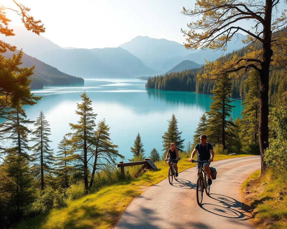 A serene lakeside scene in Bavaria, showcasing pristine turquoise waters surrounded by lush green forests and majestic mountains in the background. In the foreground, a winding path leading towards the lake, inviting travelers to explore, with a few cyclists in casual clothing enjoying the scenery. Soft golden sunlight filters through the trees, casting dappled shadows on the path and reflecting off the water's surface, creating a tranquil atmosphere. The image should be captured from a slight elevation to highlight the expansive view of the lakes and surrounding landscape, enhancing the sense of adventure and ease of access to these idyllic waters. No text or watermarks.