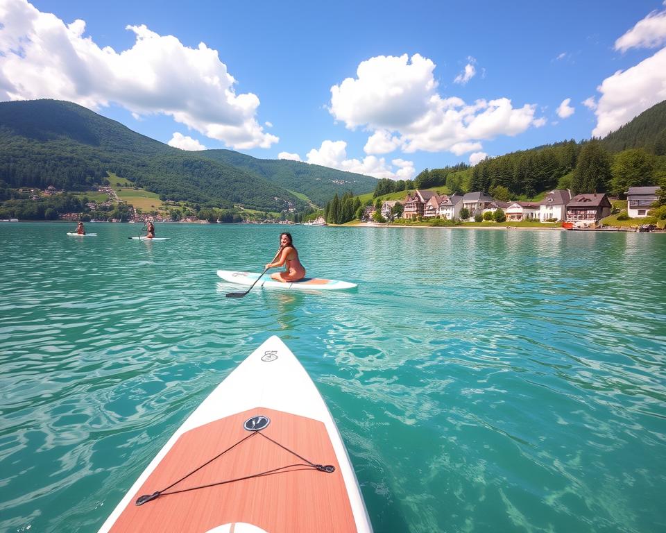 A serene lakeside scene in Bavaria showcasing stand-up paddleboarding (SUP) on clear, turquoise waters. In the foreground, a person in a modest swimsuit paddles gracefully, their joyful expression reflecting the exhilaration of the sport. The middle ground features several paddleboarders gliding along, surrounded by lush green hills that rise gently towards the horizon. In the background, a picturesque village with charming, traditional Bavarian architecture nestles along the shore under a bright blue sky dotted with fluffy clouds. Soft sunlight bathes the scene, creating a warm and inviting atmosphere. The composition is captured from a slightly elevated angle, emphasizing the beauty of the lake and the excitement of watersports in Bavaria.