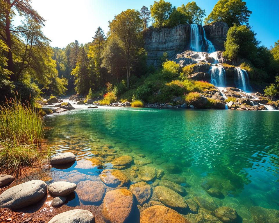 A serene landscape showcasing the beauty of water destinations in the Bavarian Forest. In the foreground, a crystal-clear lake reflects the surrounding lush greenery and the vibrant blue sky, with a few smooth stones lining the shore. In the middle ground, gently flowing rivers meander through dense woodlands, with sunlight filtering through the leaves, creating a dappled light effect. A majestic waterfall cascades from rocky cliffs in the background, surrounded by vibrant wildflowers and ferns, adding a splash of color to the scene. The atmosphere is tranquil and uplifting, inviting viewers to explore nature's wonders. The lighting is warm and bright, capturing the essence of a sunny day in the great outdoors. Use a wide-angle lens to emphasize the expansive view.