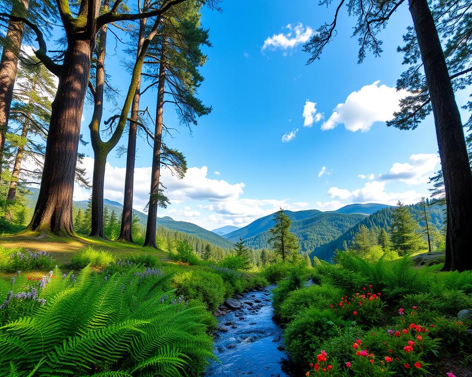 A serene overview of the Nationalpark Bayerischer Wald, showcasing its rich natural beauty. In the foreground, vibrant green ferns and colorful wildflowers surround a tranquil stream, creating a picturesque scene. The middle ground features towering ancient trees, their trunks thick and covered in moss, hinting at the rich biodiversity of the park. In the background, majestic hills roll under a clear blue sky, dotted with fluffy white clouds. The soft sunlight filters through the leaves, casting gentle patterns on the forest floor, enhancing the peaceful atmosphere. Use a wide-angle lens to capture the vastness of the landscape, highlighting the depth and layers of nature in this breathtaking national park. The image should evoke a sense of tranquility and adventure, inviting viewers to explore this natural highlight.