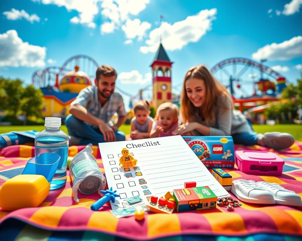 A vibrant and colorful scene showcasing a realistic packing checklist for a visit to LEGOLAND München. In the foreground, display neatly arranged items such as sunscreen, a water bottle, comfortable shoes, snacks, and a small LEGO set, all on a lively picnic blanket. The middle ground features a cheerful family, dressed in casual clothing, happily preparing for their trip, glancing at the checklist. In the background, a picturesque view of LEGOLAND München with iconic attractions like colorful brick structures and roller coasters under a bright blue sky. The lighting is warm and inviting, giving a sense of excitement and anticipation. Capture the playful atmosphere of a family adventure, focusing on togetherness and preparation.
