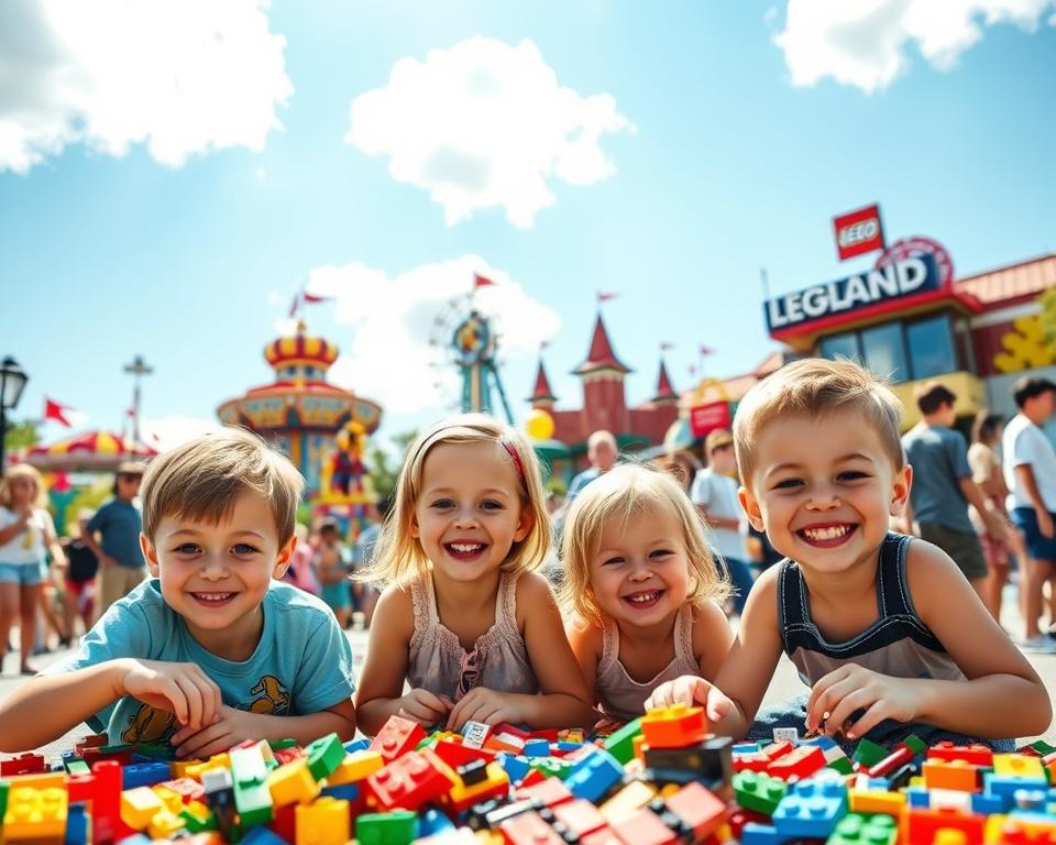 A vibrant and engaging scene depicting a sunny day at LEGOLAND Munich, capturing families enjoying the theme park. In the foreground, smiling children are playing with colorful LEGO bricks, showcasing their creativity. In the middle ground, iconic attractions like vibrant rides and detailed LEGO sculptures are visible, bustling with visitors dressed in casual summer clothing. The background features a clear blue sky dotted with fluffy white clouds, adding to the cheerful atmosphere. Soft sunlight illuminates the scene, casting warm shadows that enhance the playful mood. The overall composition should evoke a sense of joy and excitement, highlighting the perfect weather for a family outing at the park.