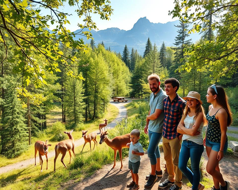 A vibrant family outing scene in the Bavarian Forest, filled with excitement and nature. In the foreground, a cheerful family of four, dressed in casual outdoor attire, are happily engaging with each other while observing a playful group of deer nearby. In the middle ground, there’s a scenic trail winding through lush green trees, with a glimpse of a well-maintained picnic area featuring a wooden table and vibrant picnic blanket. In the background, majestic mountains loom under a clear blue sky, with soft sunlight filtering through the leaves, creating a warm and inviting atmosphere. The overall mood is joyful and adventurous, capturing the essence of family-friendly activities in a picturesque natural setting.