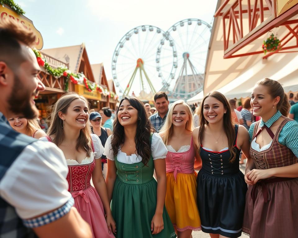 A vibrant scene at a traditional Bavarian Volksfest, featuring people dressed in authentic Trachten attire. In the foreground, a group of friends, a mix of genders and ages, are laughing and enjoying themselves, wearing colorful Dirndls and Lederhosen, showcasing intricate patterns and vibrant colors. The middle section highlights wooden stalls selling traditional foods like pretzels and sausages, with festive decorations hanging above. The background features a large ferris wheel and tents filled with cheerful festival-goers. The lighting is bright and sunny, capturing the joyful atmosphere of the festival, with soft shadows to create depth. A wide-angle lens perspective emphasizes the liveliness of the event, evoking a sense of belonging and celebration.