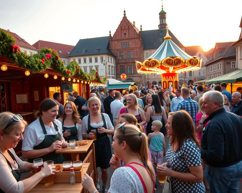 A vibrant scene at the Fürther Michaeliskirchweih, showcasing one of Bavaria's largest Kirchweih festivals. In the foreground, families and friends enjoy traditional food and drinks at colorful wooden stalls adorned with festive decorations. Vendors in modest traditional Bavarian attire serve pretzels and local beer. In the middle, a lively crowd mingles, laughing and celebrating, with children playing near a carousel brightly lit with festoon lights. In the background, the historic architecture of Fürth is visible, illuminated by the warm golden glow of sunset, casting a friendly atmosphere over the event. Use a wide-angle lens to capture the bustling energy of the festival, with a depth of field that highlights the joyful expressions of the attendees, conveying a sense of community and celebration.