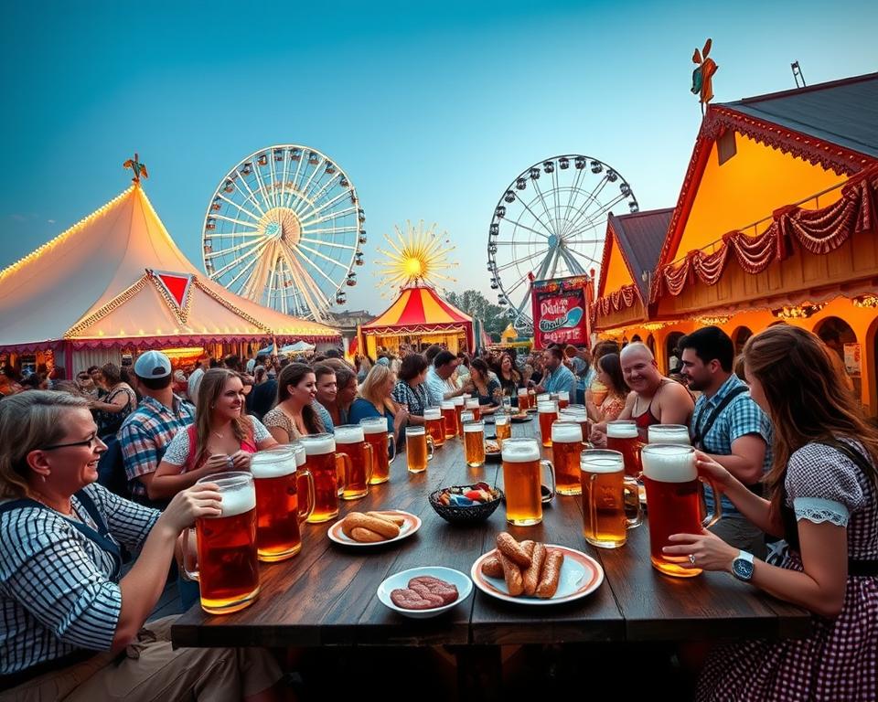 A vibrant scene capturing Oktoberfest in Munich, showcasing the iconic festival atmosphere. In the foreground, a long wooden beer table filled with large steins of beer, traditional Bavarian pretzels, and plates of sausages, attended by groups of friends in colorful lederhosen and dirndls, enjoying the festivities. The middle ground features the grand Festzelt (beer tent), adorned with decorative blue and white bunting, bustling with joyful festival-goers. In the background, the famous Ferris wheel and fairground rides are illuminated against the evening sky, creating a magical ambiance. Soft, warm lighting enhances the celebratory mood, reminiscent of a late afternoon at the festival. The scene is captured from a slightly elevated angle, providing a sweeping view of this lively cultural event.