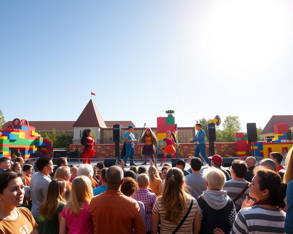 A vibrant scene capturing the excitement of LEGOLAND München shows, featuring a lively outdoor stage set amidst colorful LEGO structures. In the foreground, a diverse audience of families and children, clad in casual, modest clothing, are eagerly watching a captivating performance, their faces filled with joy and wonder. The middle ground showcases the stage where performers, dressed in colorful costumes, are showcasing a dynamic, playful show with LEGO-themed props and dazzling choreography. In the background, the iconic LEGOLAND architecture rises under a bright blue sky, bathed in warm, golden sunlight, creating a cheerful and inviting atmosphere. The overall mood is festive and family-friendly, evoking a sense of fun and adventure, with soft shadows and vibrant colors enhancing the scene.