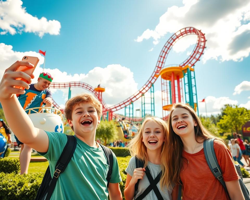 A vibrant scene in LEGOLAND Munich showcasing a group of enthusiastic teenagers enjoying their day. In the foreground, two boys and a girl dressed in colorful casual clothing are laughing and taking selfies in front of a large, intricate LEGO roller coaster, capturing their excitement. In the middle ground, other teenagers can be seen participating in fun attractions, like a water ride and a LEGO-building workshop, emphasizing a sense of adventure and camaraderie. The background features the park's iconic, colorful LEGO structures and greenery, under a bright blue sky with fluffy white clouds. The scene is illuminated by warm, inviting sunlight, creating a cheerful and lively atmosphere perfect for family fun. The composition should be dynamic, shot from a slightly elevated angle to capture the excitement of the park.