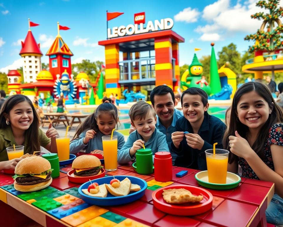 A vibrant scene of LEGOLAND München featuring a cheerful family enjoying a meal at one of the park's family-friendly dining options. In the foreground, a colorful LEGO-themed picnic table adorned with playful dishes like mini burgers and colorful drinks. The middle ground shows families of diverse backgrounds, including parents and children, dressed in casual attire, laughing and sharing food, with LEGO models in the background. The backdrop showcases the iconic LEGOLAND attractions, bright blue skies, and whimsical LEGO sculptures. The lighting is warm and inviting, reminiscent of a sunny day, creating a festive atmosphere full of joy and togetherness. The camera angle captures the scene at eye level, ensuring a connection between the viewer and the vibrant activity.