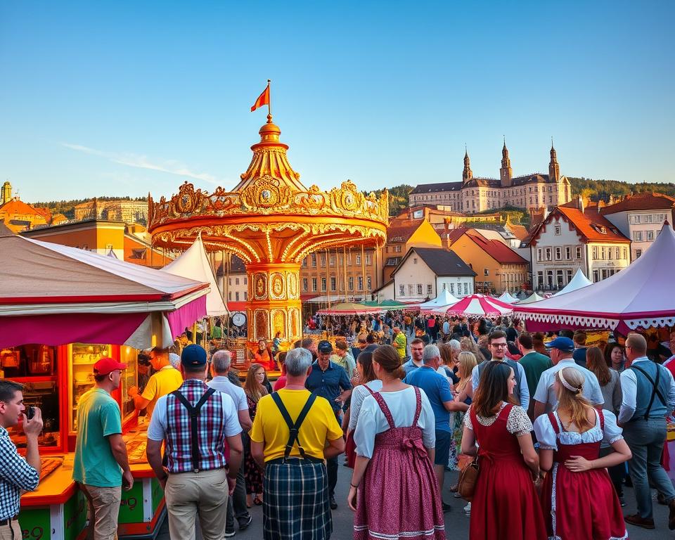 A vibrant scene of the Augsburger Plärrer festival, capturing the festive atmosphere with colorful stalls and amusement rides in the foreground. Families and friends, dressed in traditional Bavarian attire—men in lederhosen and women in dirndls—gather around food stands serving pretzels, sausages, and local beers. In the middle ground, a lively carousel spins, adorned with bright lights, while laughter and joy fill the air. In the background, the iconic skyline of Augsburg is visible, featuring historic buildings under a clear blue sky. The scene is bathed in warm, golden hour lighting, casting long shadows and enhancing the festive mood, inviting onlookers to experience the charm of this beloved local fair.