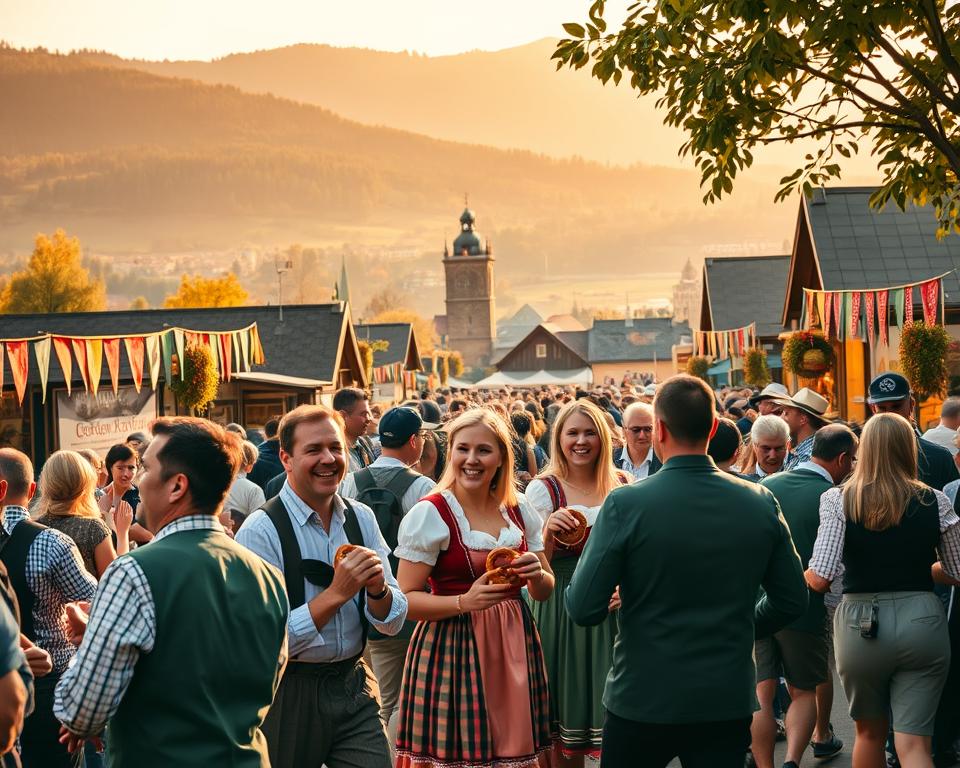A vibrant scene showcasing a traditional Bavarian folk festival in full swing, set during the peak autumn months. In the foreground, groups of cheerful festival-goers clad in traditional attire, including men in lederhosen and women in dirndls, joyfully engaging in various activities like dancing and enjoying pretzels. The middle ground features colorful stalls selling local crafts and delicious foods, with banners and festive decorations adding to the cheerful atmosphere. In the background, the iconic backdrop of a picturesque Bavarian landscape, with rolling hills and quaint villages, bathed in warm golden sunlight, suggesting a late afternoon glow. The mood is lively and celebratory, emphasizing the cultural richness of the region. The image is captured from a slightly elevated angle, providing a dynamic view that immerses the viewer in the festive essence of Bavaria.