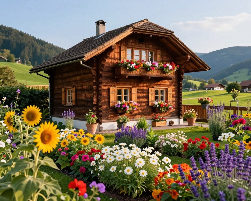 Holz-Gartenhaus im bayerischen Bauerngarten