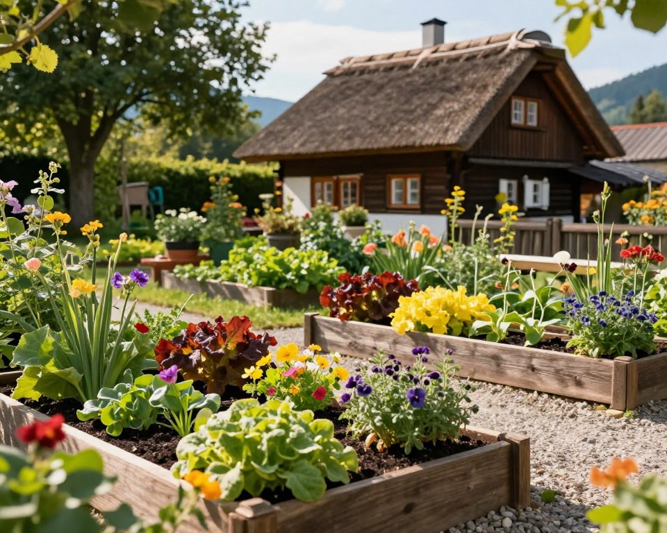 kleiner Bauerngarten mit Hochbeeten und Kübelpflanzen