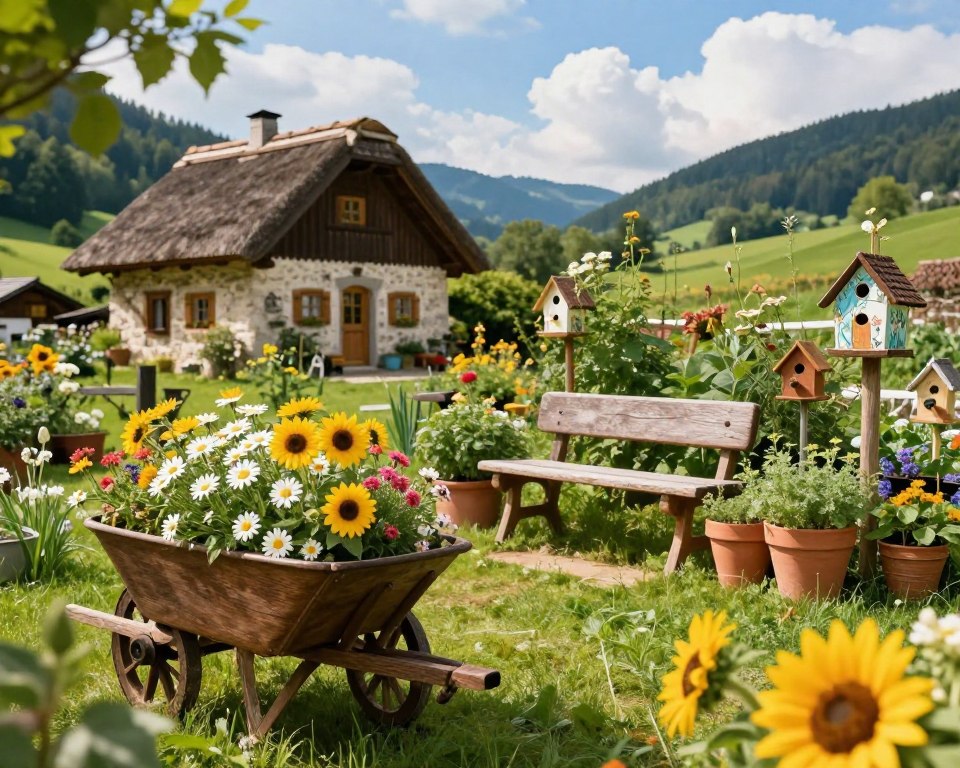 rustikale Gartendeko im bayerischen Landhausgarten